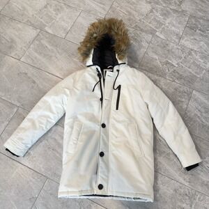 Guess Men's Ivory Faux Heavy Weight Fur Hood Parka Jacket Coat Size Small
